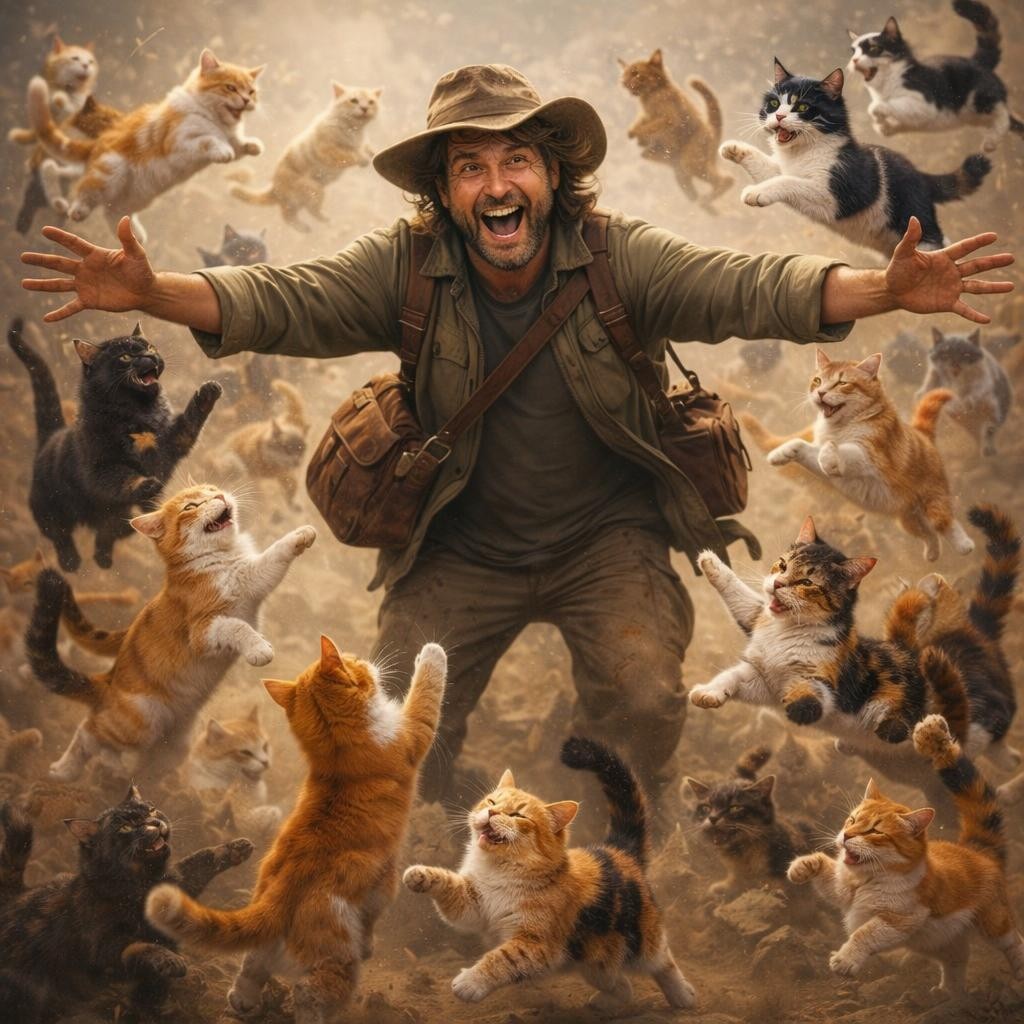 Man with walking stick surrounded by numerous cats